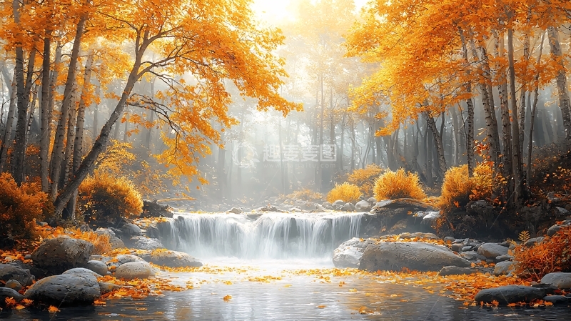 高清大图下载【趣麦麦图】秋季森林瀑布