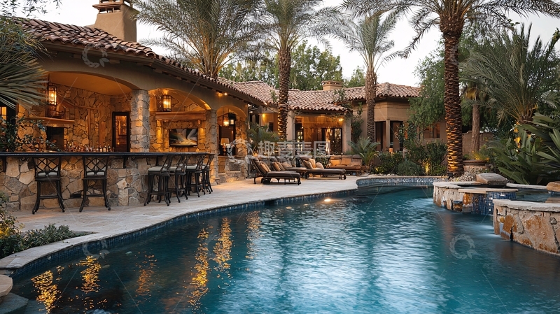 高清大图下载【趣麦麦图】豪华别墅泳池棕榈树
