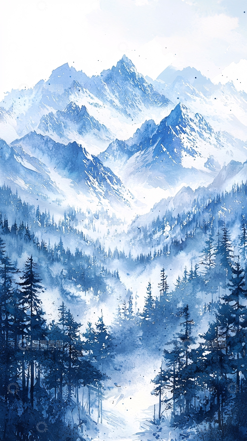 高清大图下载【趣麦麦图】水墨蓝调雪山