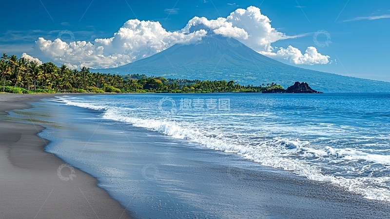 高清大图下载【趣麦麦图】火山背景下的黑色沙滩