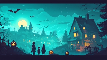 万圣节卡通小镇夜景