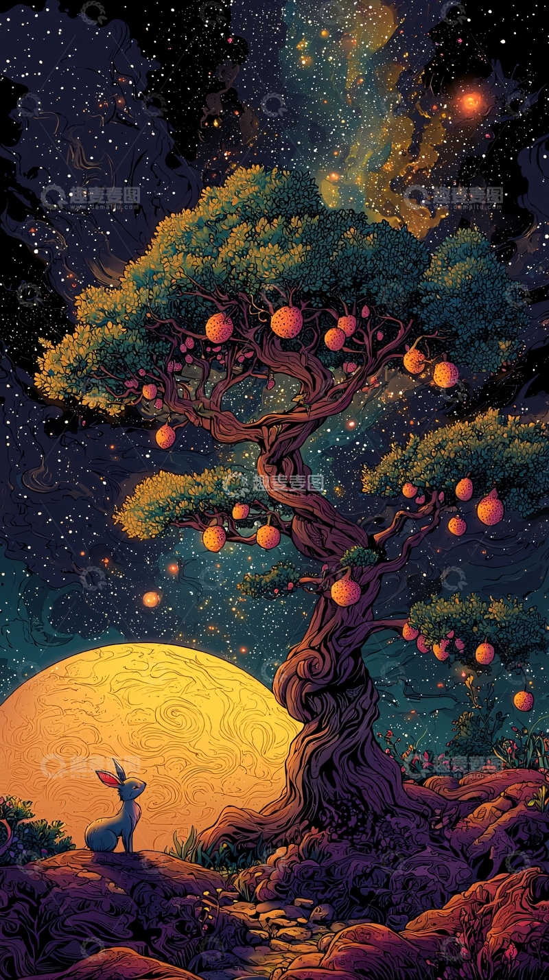 高清大图下载【趣麦麦图】星空下的奇幻果树