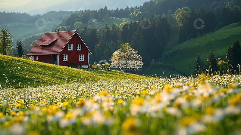 高清大图下载【趣麦麦图】田园风光小屋鲜花盛开