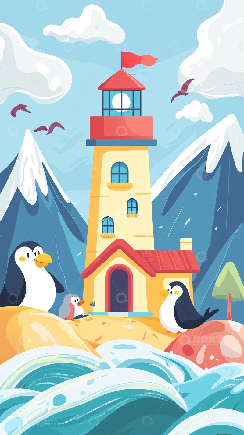 高清大图下载【趣麦麦图】卡通灯塔海边企鹅