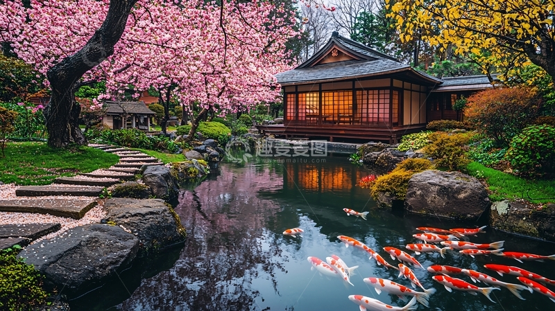 高清大图下载【趣麦麦图】樱花盛开的日式庭院