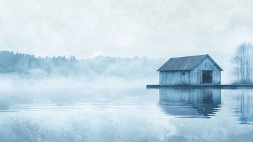 雾气笼罩下的湖边小屋