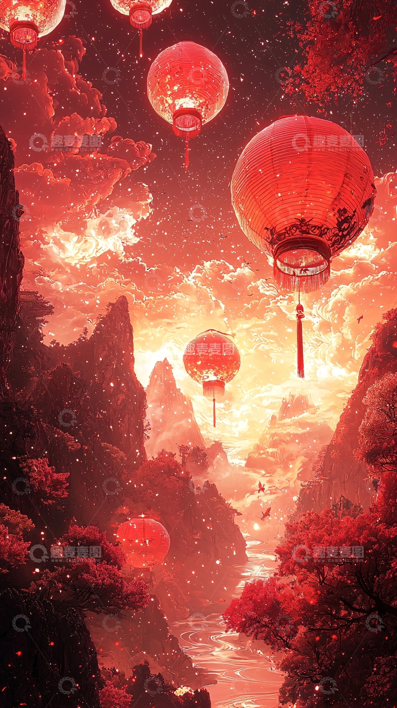 高清大图下载【趣麦麦图】红灯笼飞天