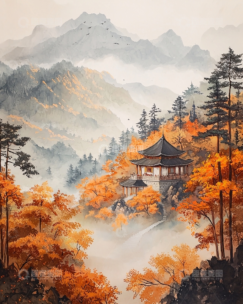 高清大图下载【趣麦麦图】秋景山间寺庙