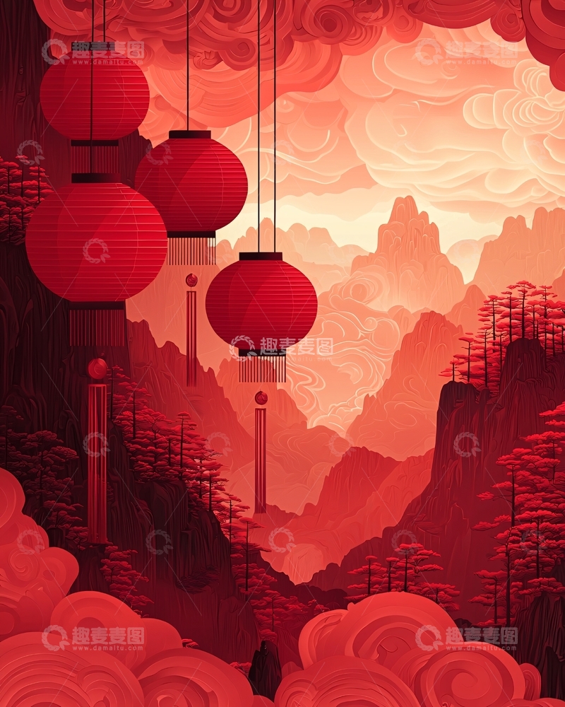 高清大图下载【趣麦麦图】红色山水国画风灯笼