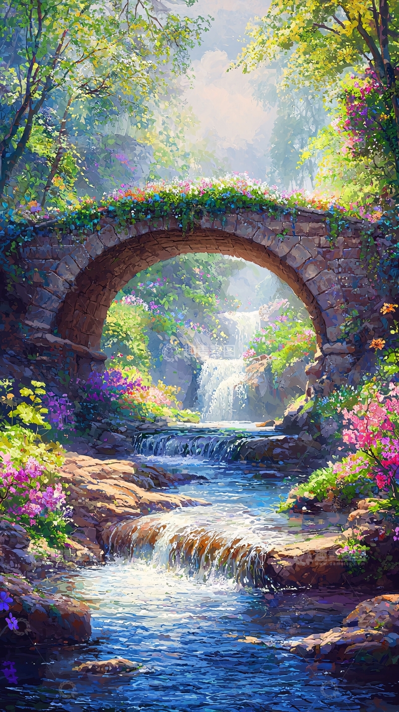 高清大图下载【趣麦麦图】森林小溪石桥瀑布