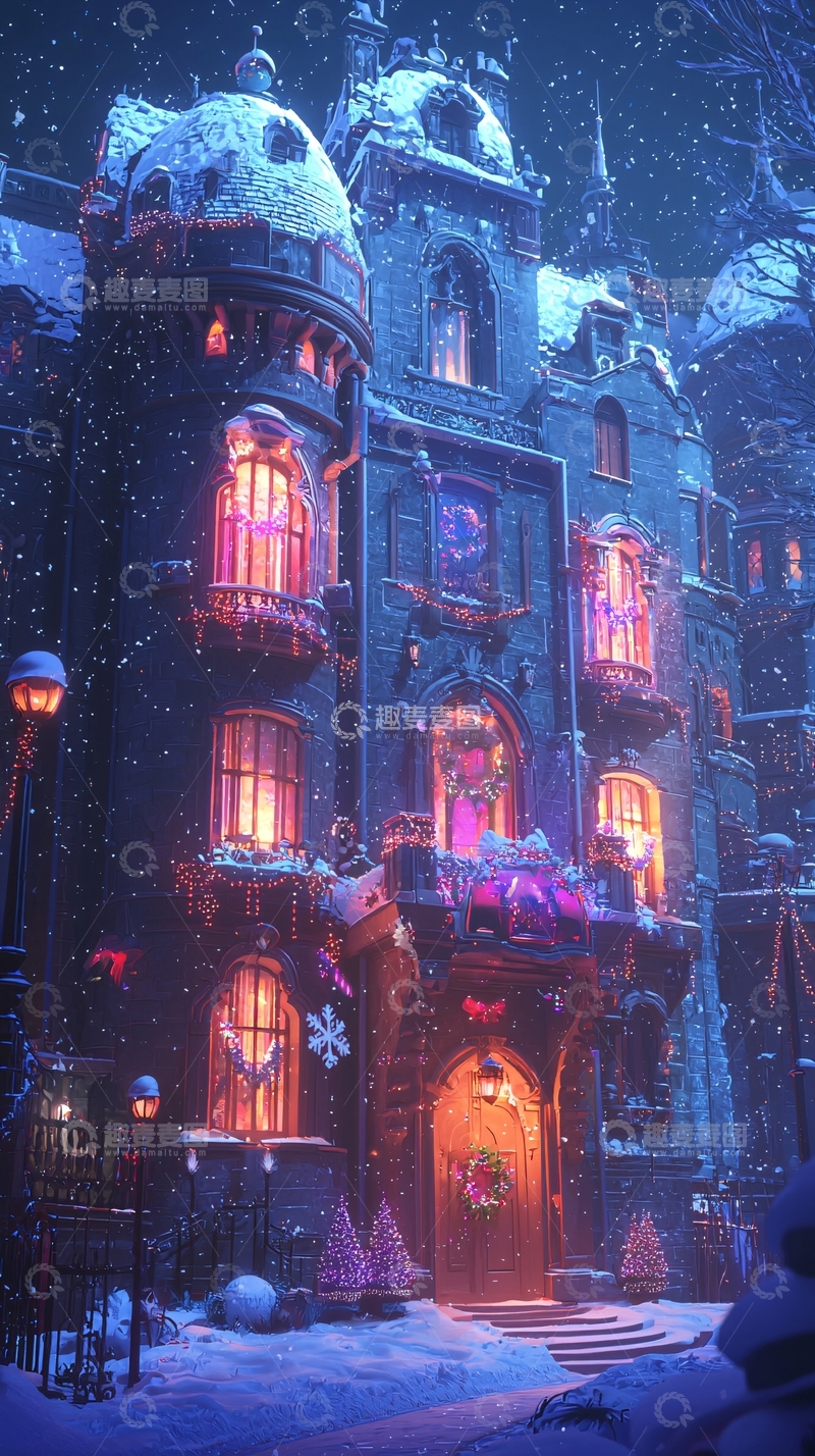 高清大图下载【趣麦麦图】下雪的梦幻欧式城堡