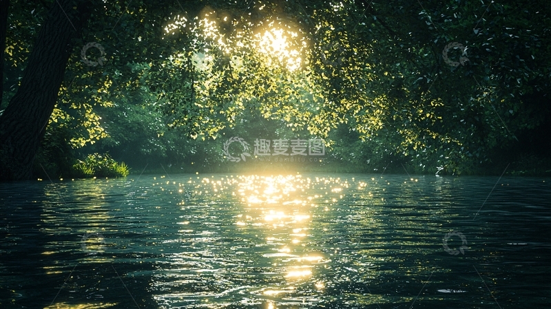 高清大图下载【趣麦麦图】树林间隙的阳光洒在河面