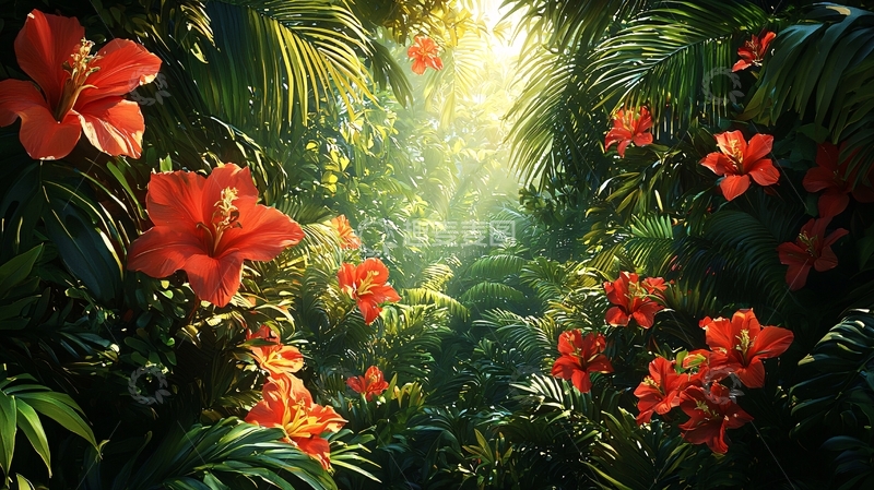 高清大图下载【趣麦麦图】热带雨林红花绿叶