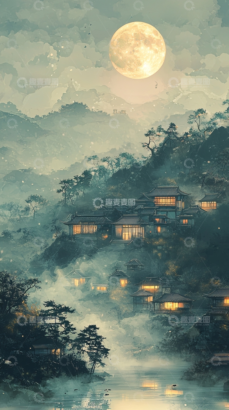 高清大图下载【趣麦麦图】山间房屋月夜朦胧美