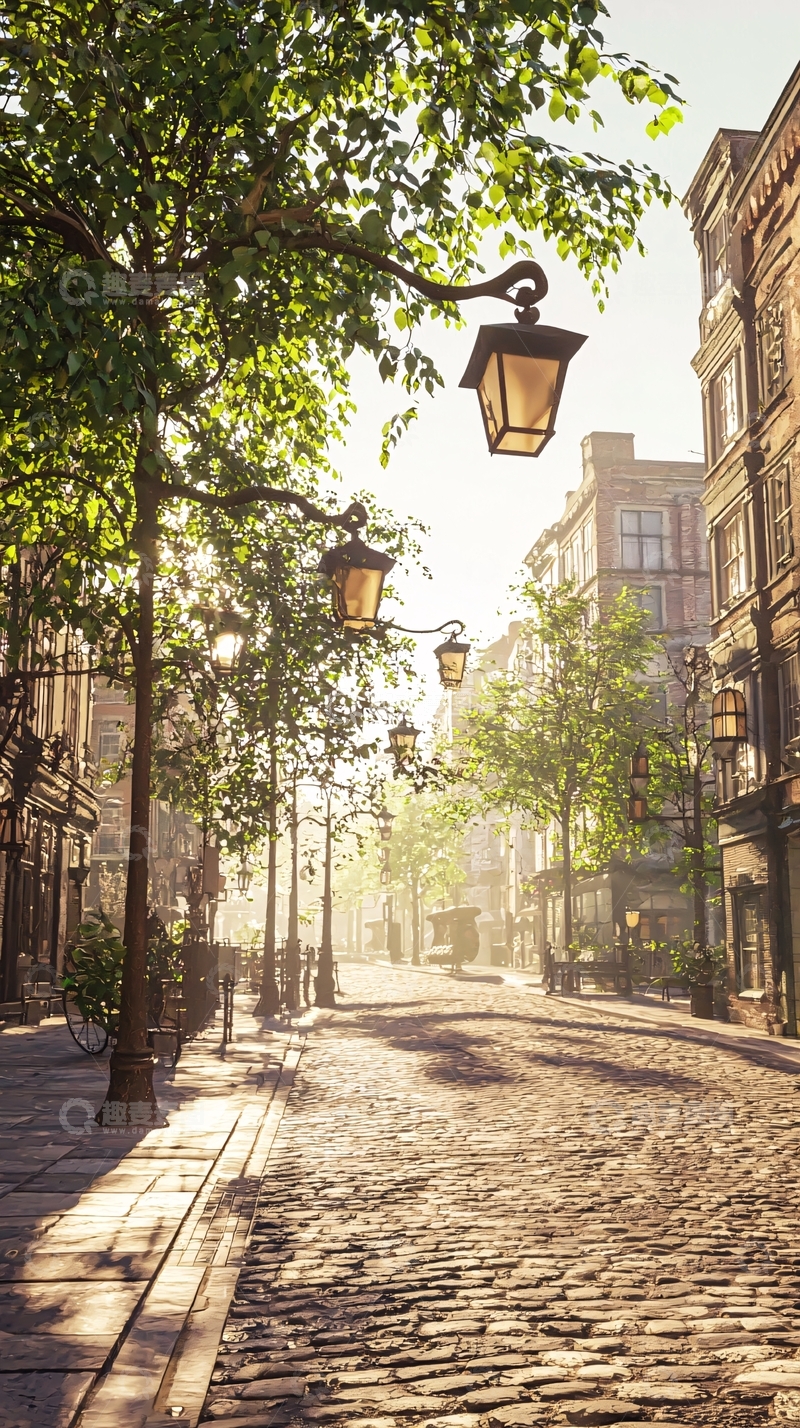 高清大图下载【趣麦麦图】阳光洒在鹅卵石街道