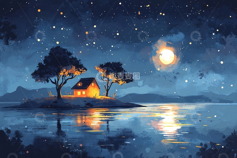 高清大图下载【趣麦麦图】星空下的湖边小屋