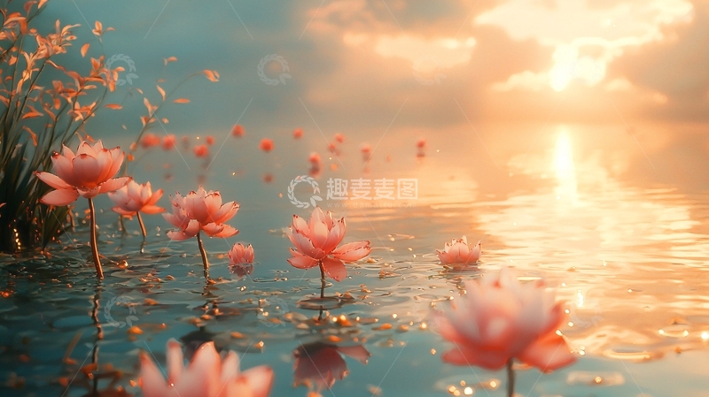 高清大图下载【趣麦麦图】清晨日出荷花水面