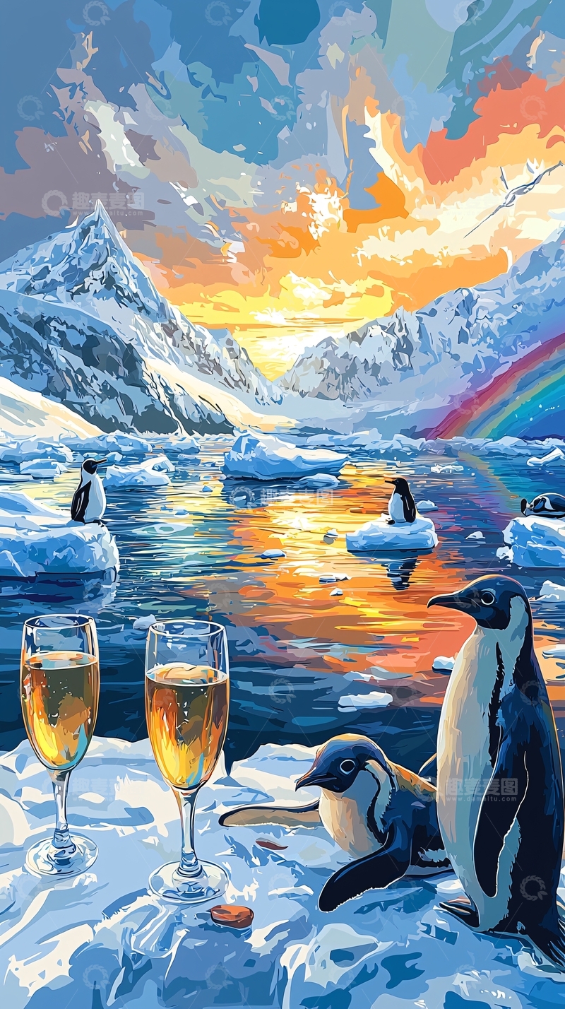 高清大图下载【趣麦麦图】南极企鹅日落美景