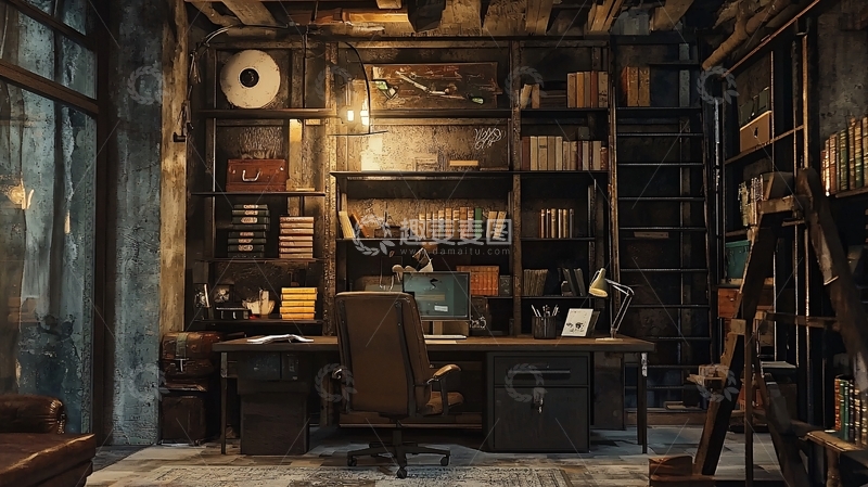 高清大图下载【趣麦麦图】复古工业风书房4