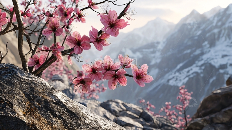 高清大图下载【趣麦麦图】粉红桃花山峰雪景