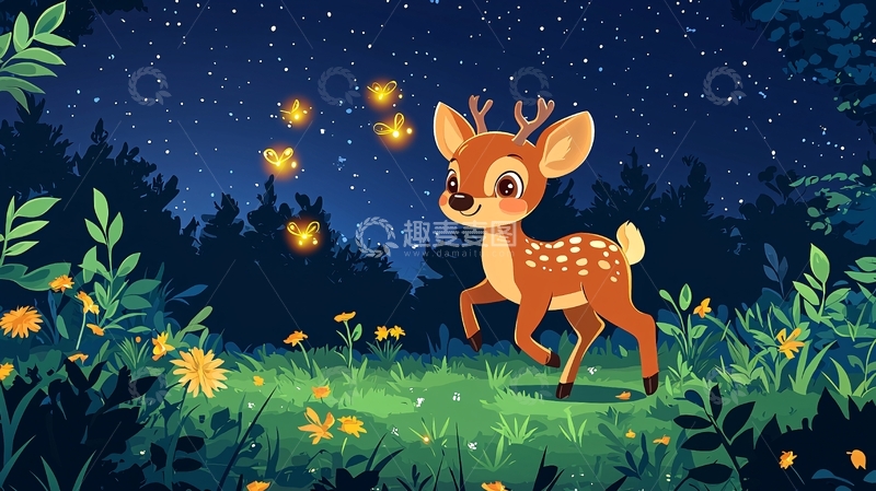 高清大图下载【趣麦麦图】星空下的可爱小鹿