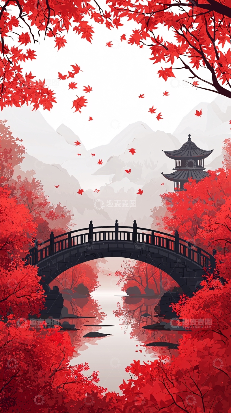 高清大图下载【趣麦麦图】红色枫叶中的日式桥梁