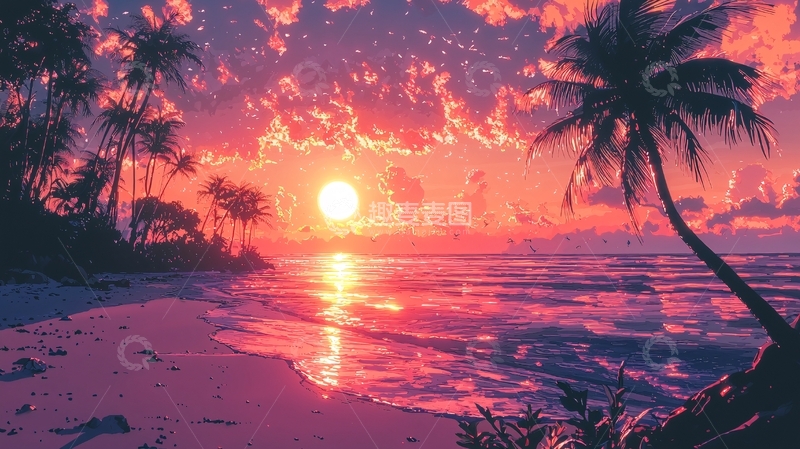 高清大图下载【趣麦麦图】粉色系日落海滩