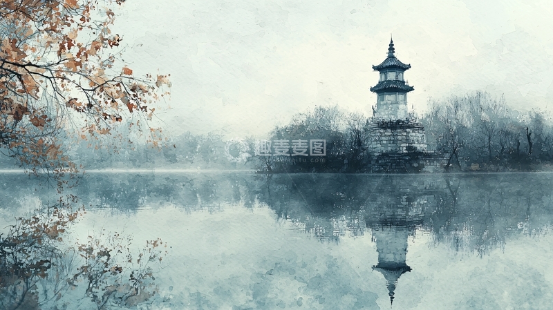 高清大图下载【趣麦麦图】雾气朦胧的湖边古塔