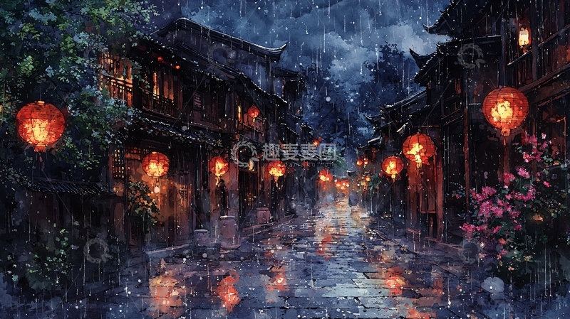 高清大图下载【趣麦麦图】雨夜古镇