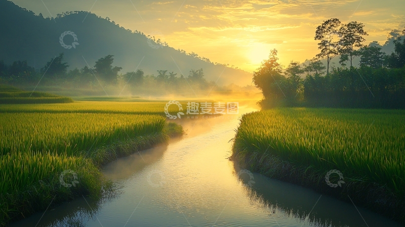 高清大图下载【趣麦麦图】清晨稻田河流山峦日出