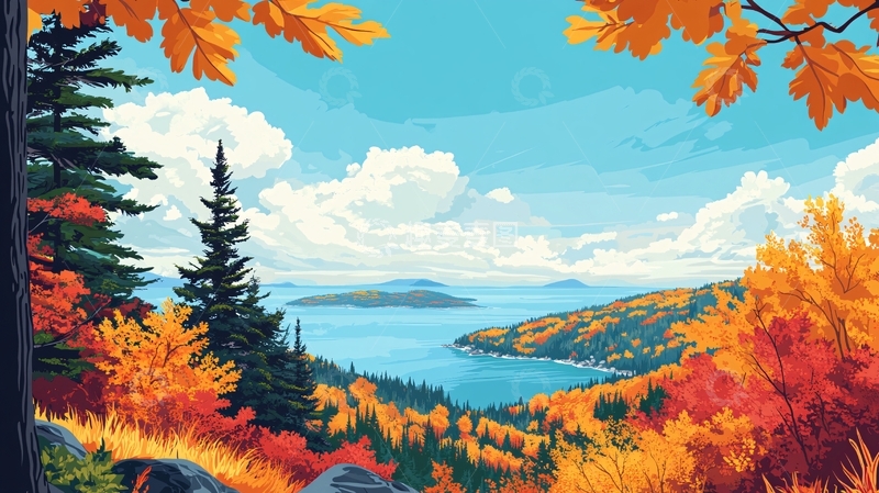 高清大图下载【趣麦麦图】秋日海湾山景图