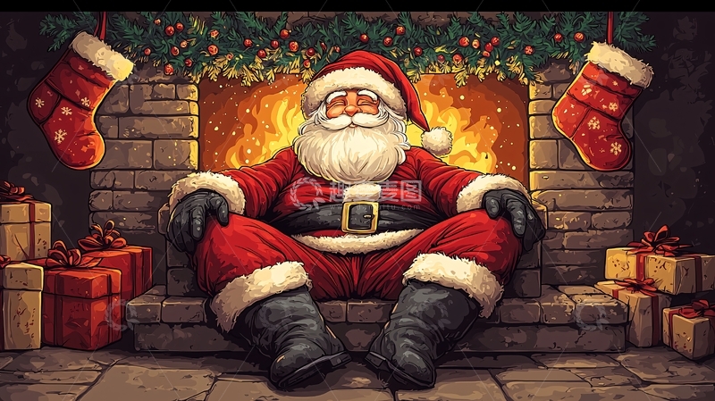 高清大图下载【趣麦麦图】圣诞老人壁炉旁休息
