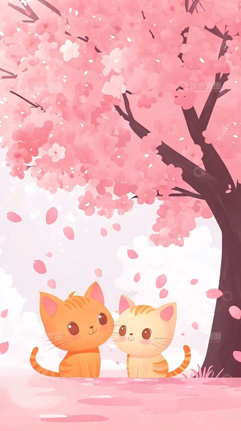 高清大图下载【趣麦麦图】粉色樱花树下猫咪