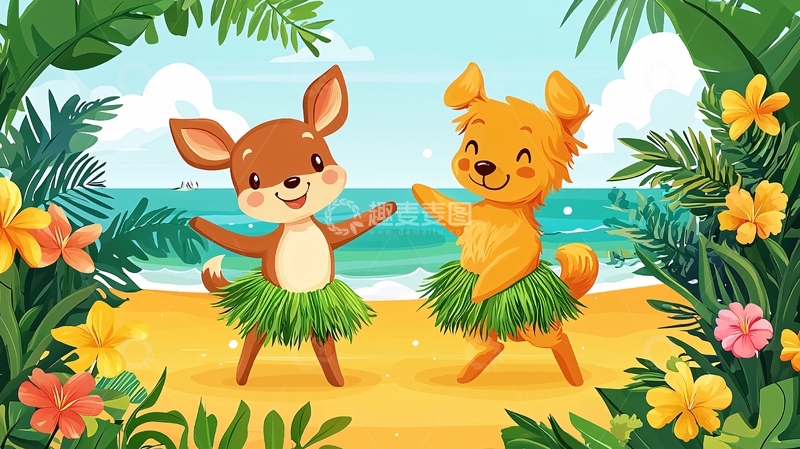 高清大图下载【趣麦麦图】海滩小鹿和小狗跳舞