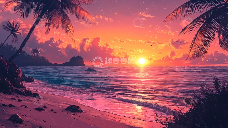 高清大图下载【趣麦麦图】唯美海滩日落