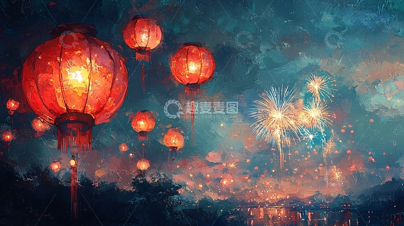 高清大图下载【趣麦麦图】夜空灯笼烟花节日庆典