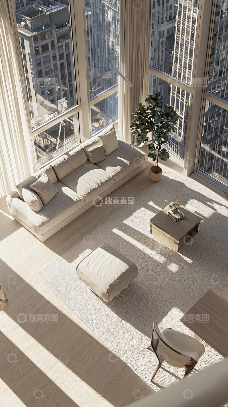 高清大图下载【趣麦麦图】极简风落地窗公寓客厅