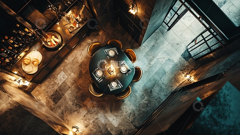 高清大图下载【趣麦麦图】高俯视角昏暗复古餐厅