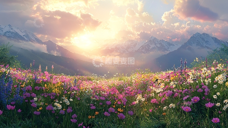 高清大图下载【趣麦麦图】绚丽阳光下的花田山脉