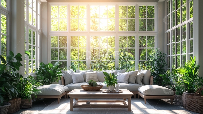 高清大图下载【趣麦麦图】阳光洒满落地窗的休闲室