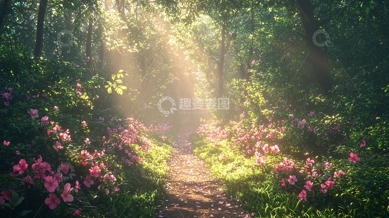 高清大图下载【趣麦麦图】阳光穿透森林照亮小路