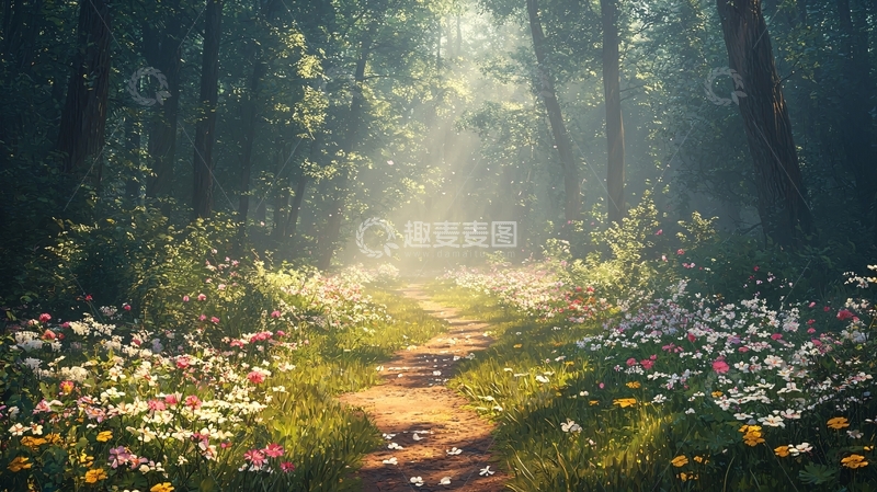 高清大图下载【趣麦麦图】阳光穿透树林的鲜花小径