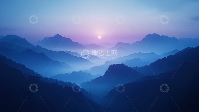 高清大图下载【趣麦麦图】蓝色山脉日出雾气
