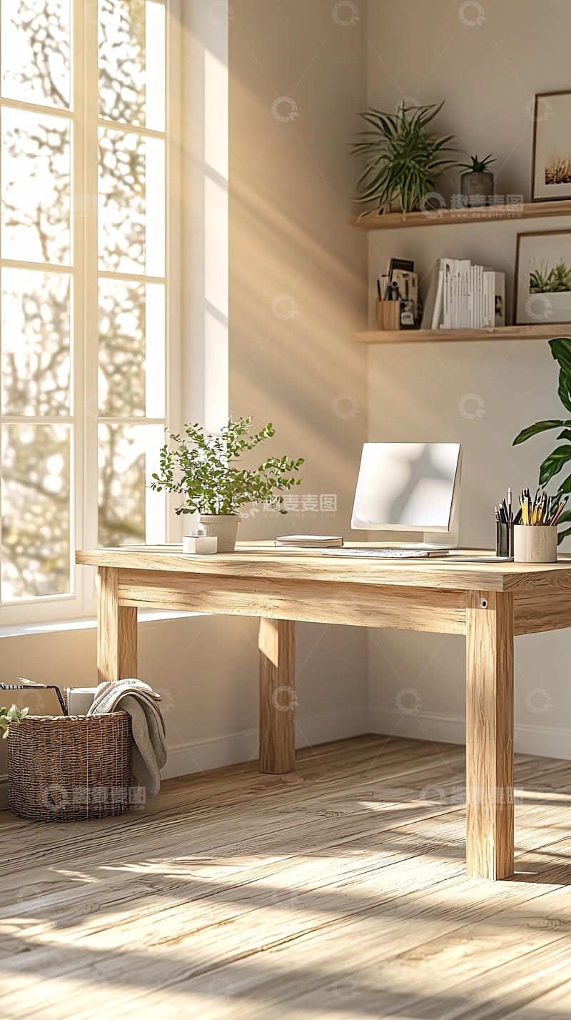 高清大图下载【趣麦麦图】阳光洒在木桌上的工作区