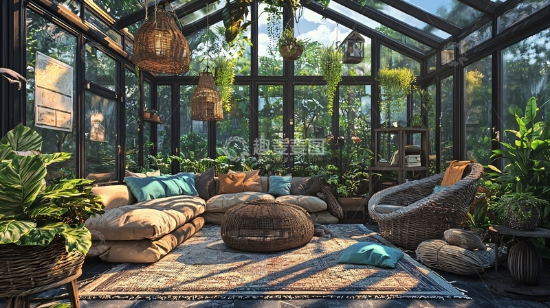 高清大图下载【趣麦麦图】阳光洒满绿植环绕的玻璃房