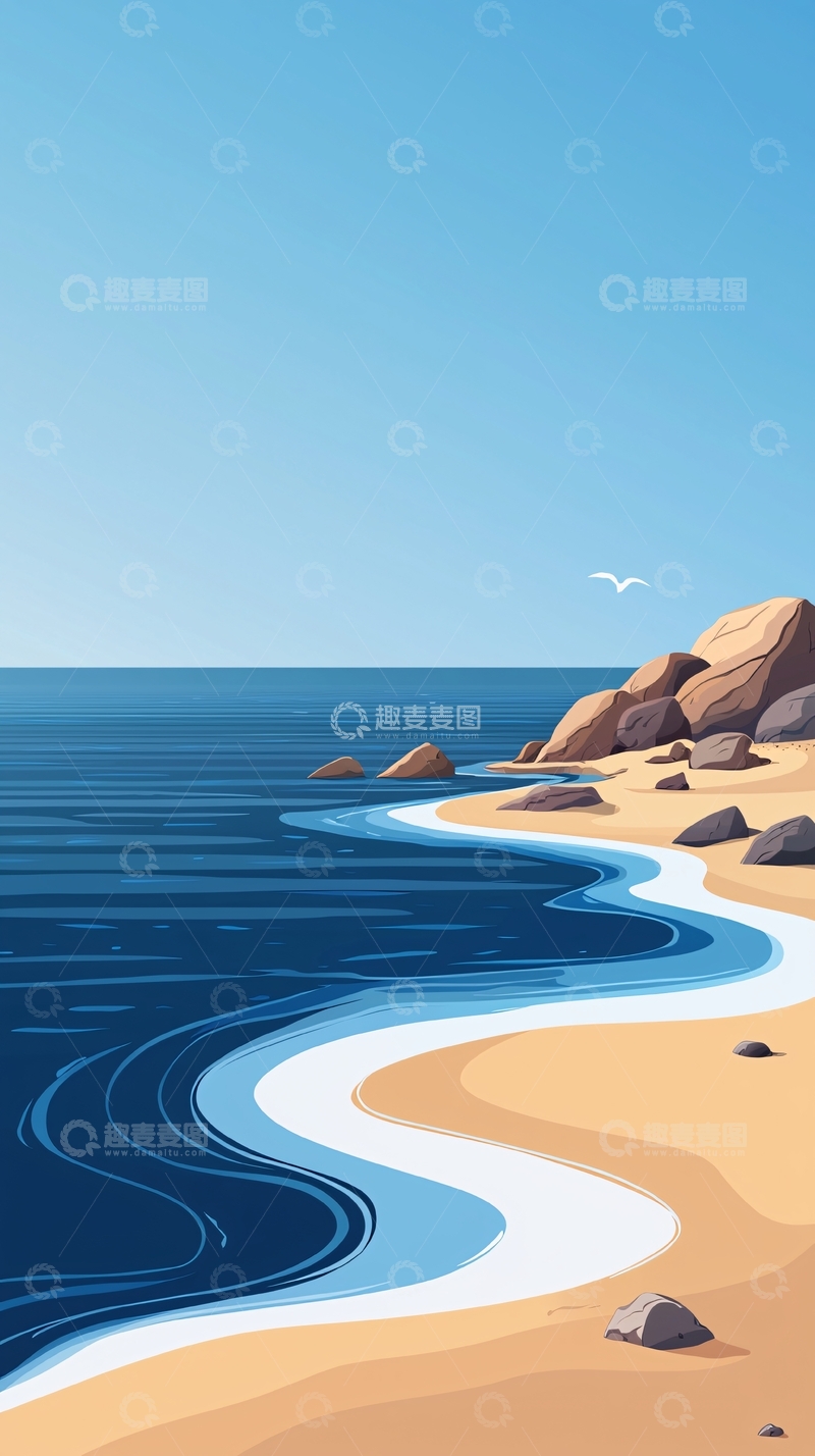 高清大图下载【趣麦麦图】海滩海岸线平静海面