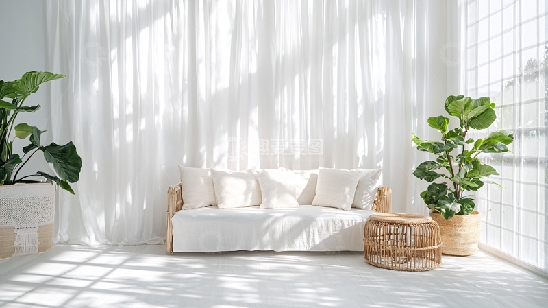 高清大图下载【趣麦麦图】极简白色客厅阳光洒进