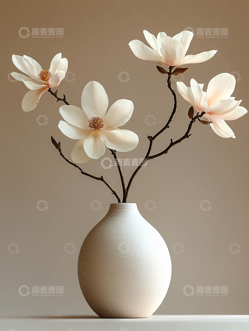 高清大图下载【趣麦麦图】米色背景下的玉兰花瓶