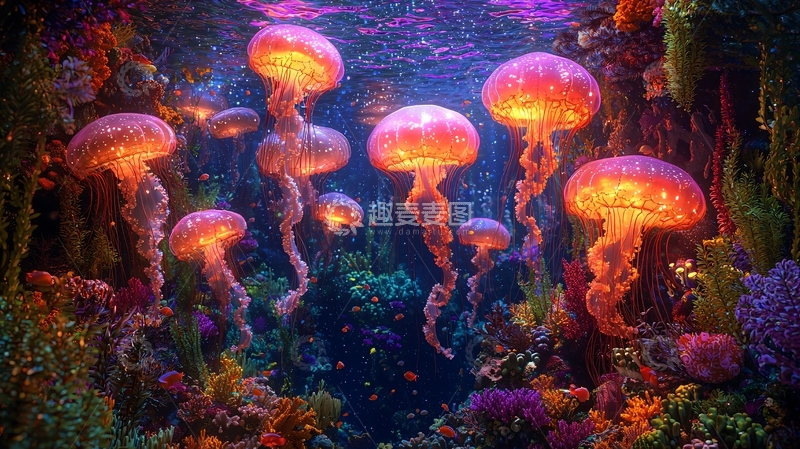 高清大图下载【趣麦麦图】发光水母在珊瑚礁中