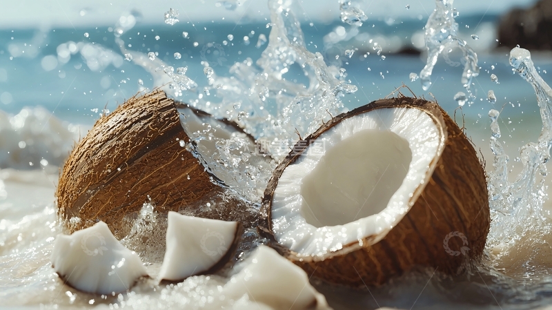 高清大图下载【趣麦麦图】海滩上破裂的椰子